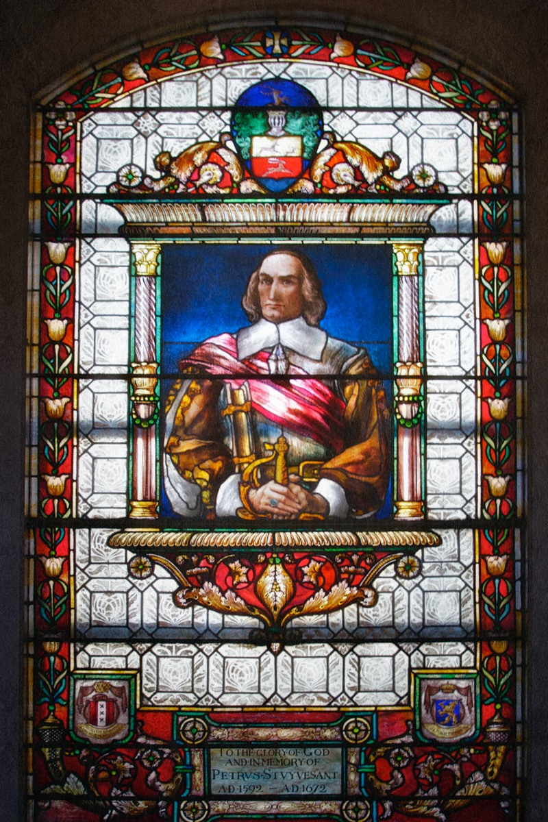 Stained glass window of Peter Stuyvesant in St. Mark's Church-In-The-Bowery