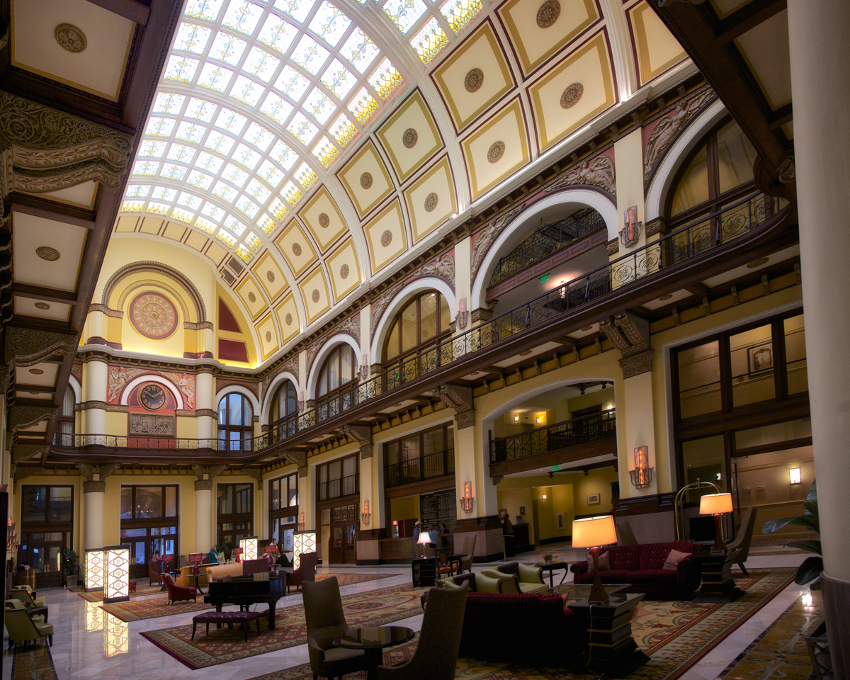 The lobby of the Union Station Nashville Hotel lobby