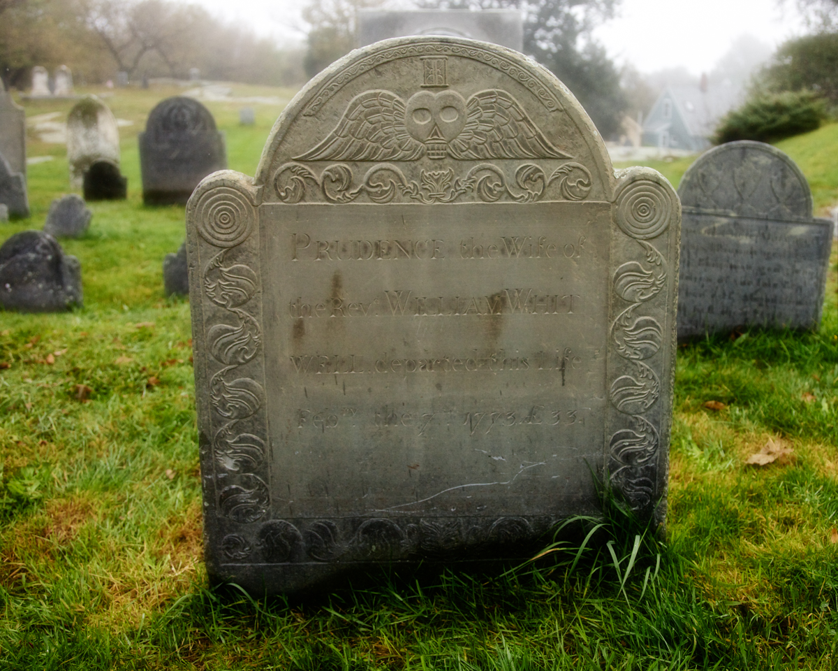 Winged Skull and Hour Glass tombstone carving Old Burial Hill, Marblehead, Massachusetts. c. 1773