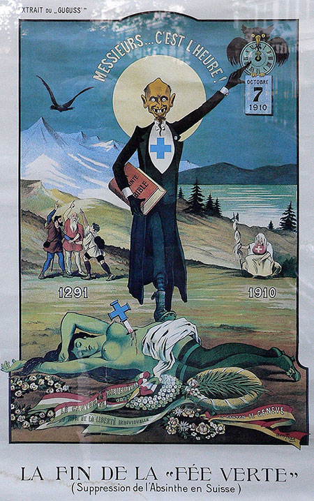 Switzerland banned absinthe in 1910, prompting a public outcry, shown here in this poster, La fin de la Fée Verte (The End of the Green Fairy).