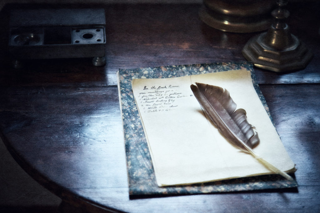 Writing implements for Christmas ghost stories at Philipsburg Manor, Sleepy Hollow, New York