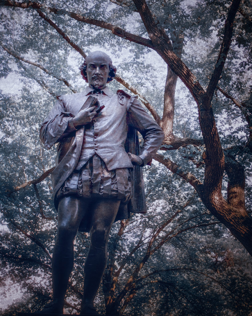 Statue of William Shakespeare, a practitioner of winter tales, the predecessor to Christmas ghost stories in Central Park, Manhattan