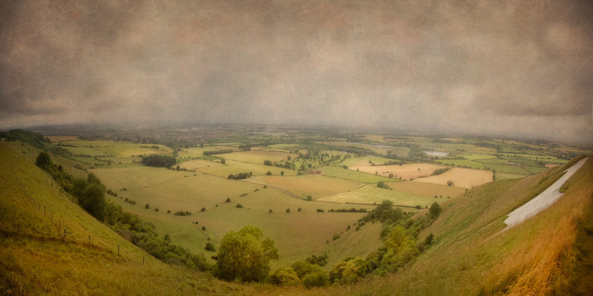 The White Horse of Westbury viewed from the top of Salisbury Plain