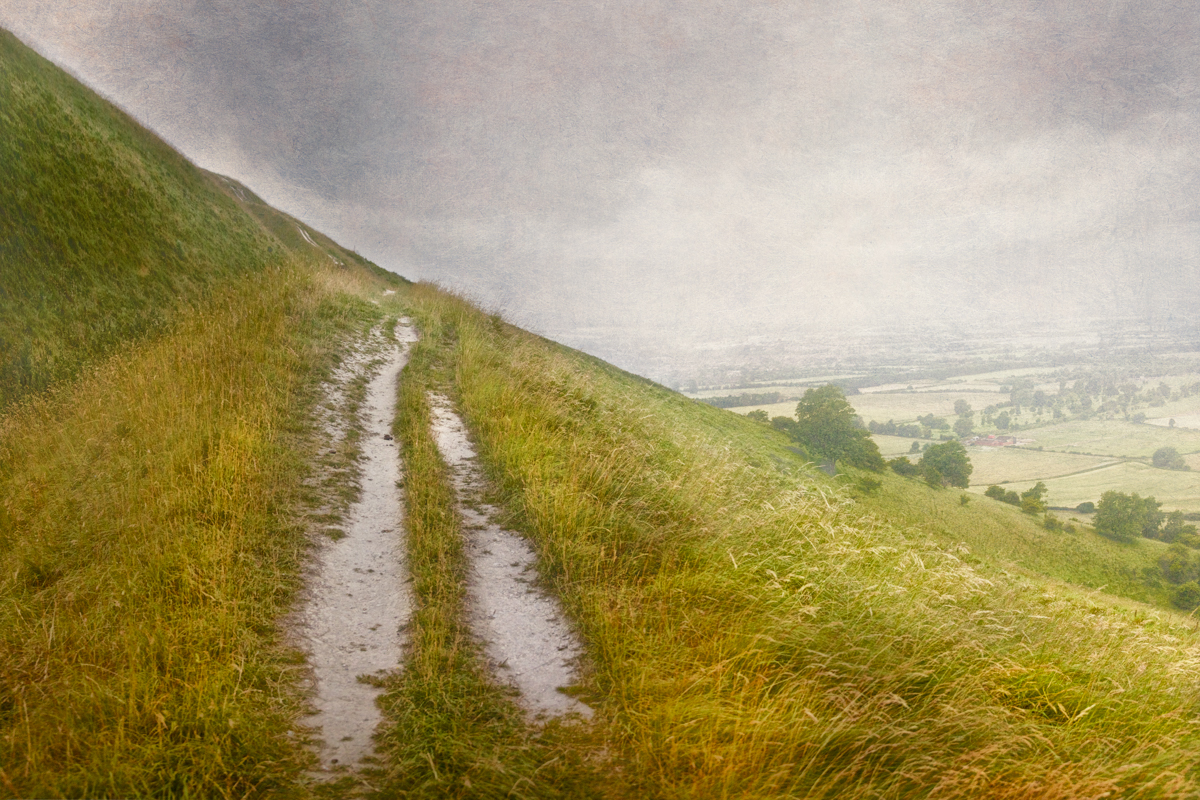Track along the walls of Bratton Camp, cut away to show the chalk beneath.