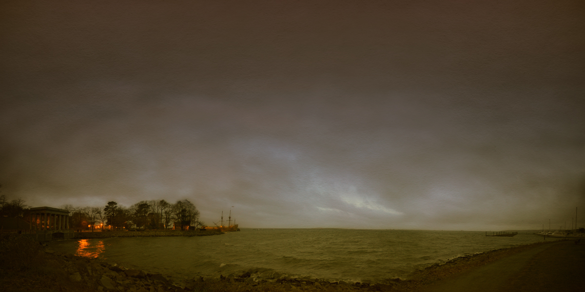 Haunted Plymouth harbor at sunrise