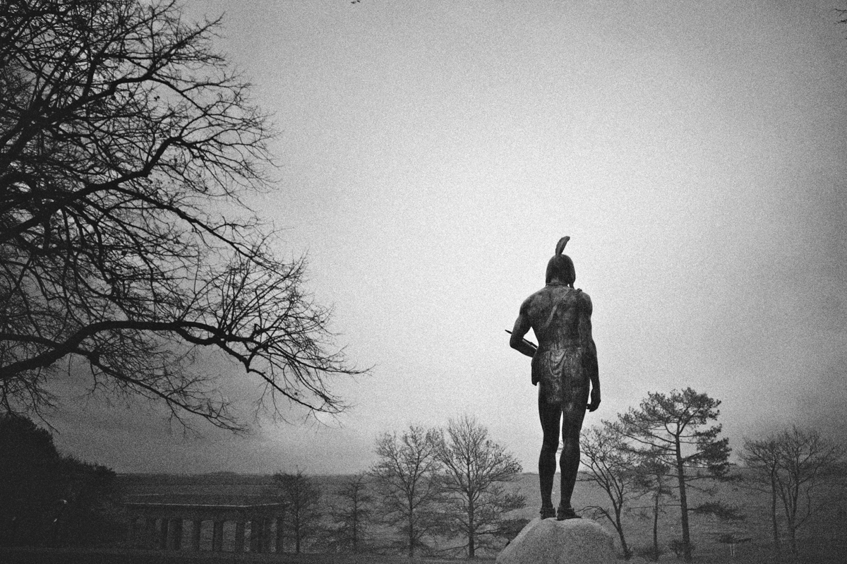 Statue of Massosoit overlooking haunted Plymouth harbor