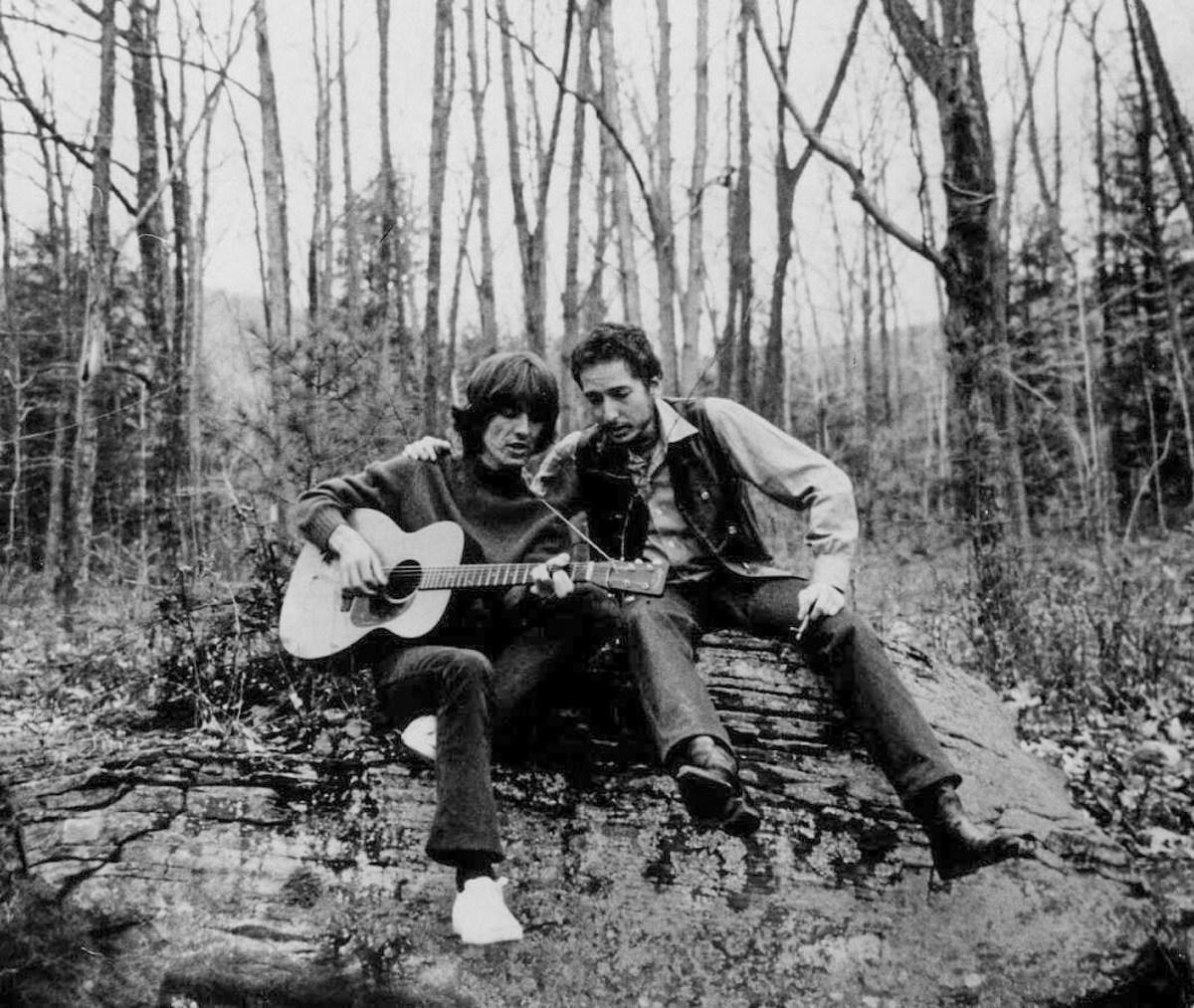 George Harrison and Bob Dylan in the Catskills near Woodstock