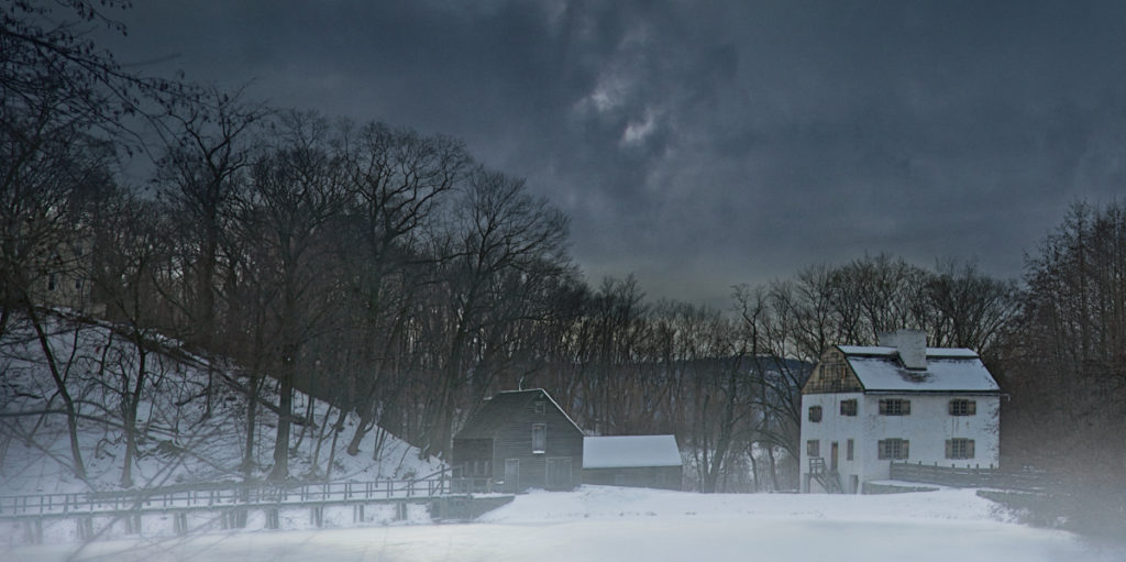 Philipsburg Manor in the snow from Haunted Travels in the Hudson River Valley of Washington Irving, an exploration of American folk horror