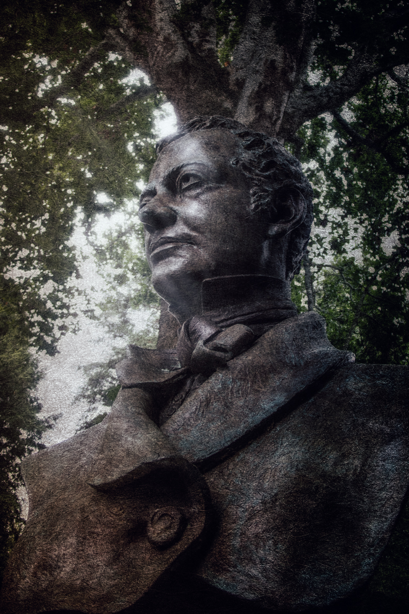 Statue of Washington Irving, the first writer of American folk horror at Sunnyside, from Haunted Travels in the Hudson River Valley of Washington Irving