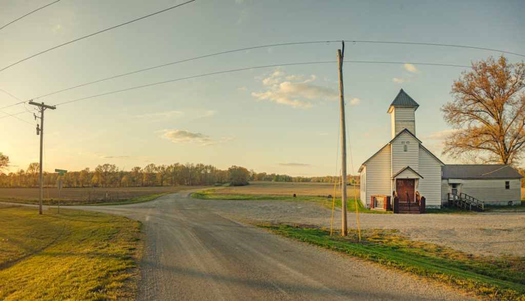 Rebuilt Lick Creek Church where the original stood before being blown apart by the Tri-State Tornado of 1925